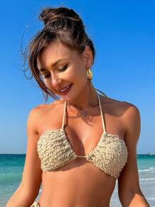 SHEIN Swim Conjunto de bikini texturizado de unicolor para damas, festival de música, playa de verano