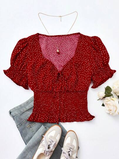 Flirla Plus Size Boho Polka Dot Print Blouse With Sweetheart Neck-Tie For New Year Clothes Peplum Top, For Summer