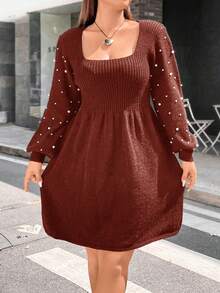 Flirla Women's Plus Size Square Neck Beaded Lantern Sleeve Sweater Dress - Brown - View 4