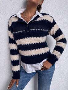 SHEIN Essnce Của phụ nữ Khối màu Sọc Nút Lên Một nửa thân trước Áo len - Màu xanh hải quân - Xem 3