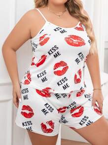 Plus Size Women's Pajama Sleepwear Set With Lip Pattern Printed Cami & Shorts White Set