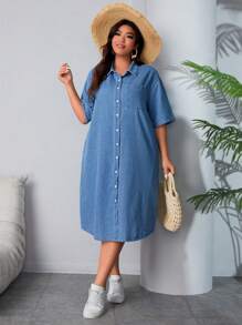 Breezaya Plus Size Denim Shirt Dress With Side Slits - Medium Wash - View 6