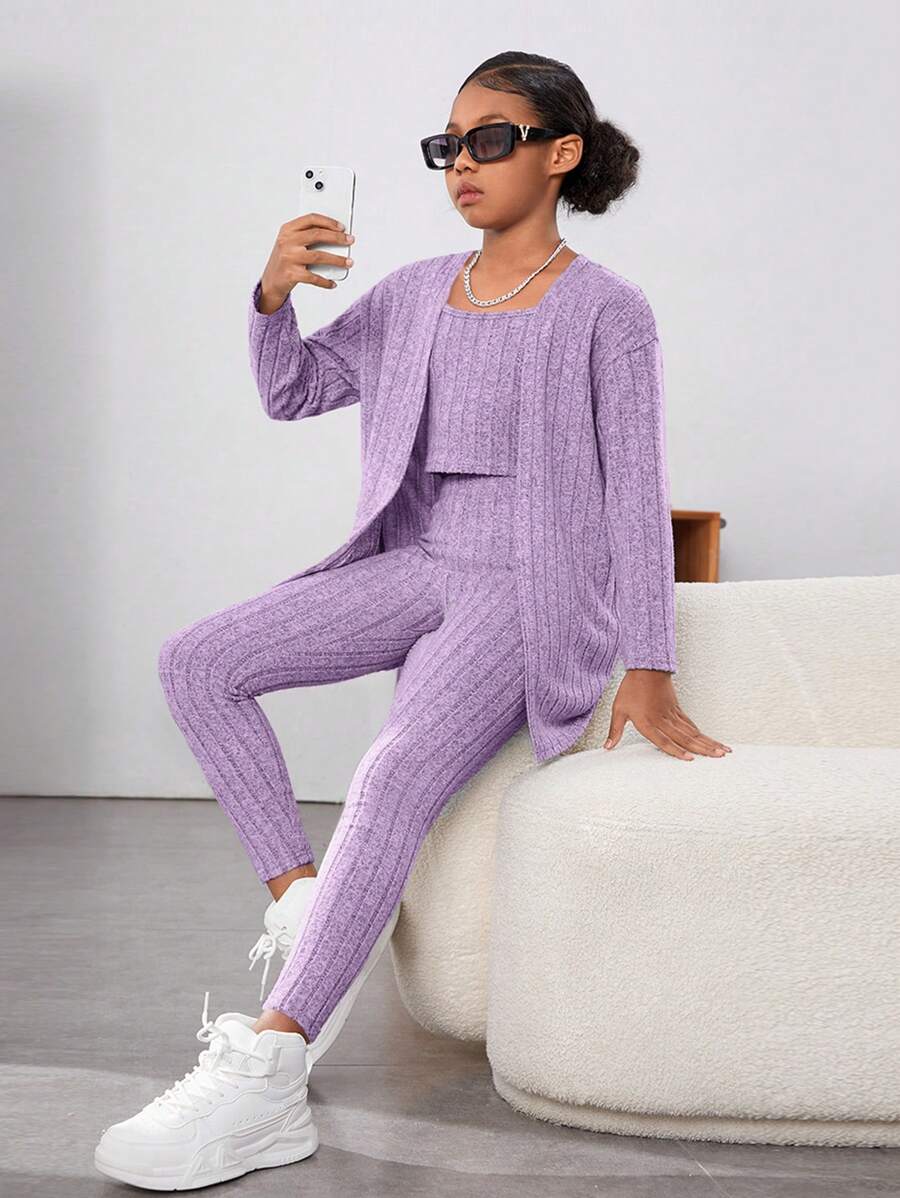 SHEIN Bộ áo len cardigan dài tay trơn dệt kim thanh lịch kiểu đô thị cho bé gái tuổi mới lớn, áo ba lỗ cami và quần dệt kim - Màu Lilac Tím - Xem 1