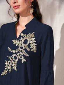 Al Najma Floral Embroidery Asymmetrical Hem Arabian Dress With Flounce Sleeves - Navy Blue - View 6