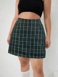 INAWLY 大碼格紋印花直筒半身裙 - 綠色 - 查看 6