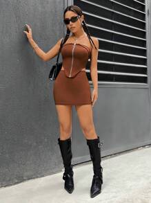 SHEIN PETITE 女式純色緊身兩件套 - 棕色 - 查看 5