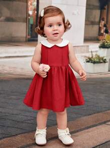 TaviRue 女婴休闲风格彼得潘领拼色腰部抽绳褶皱连衣裙