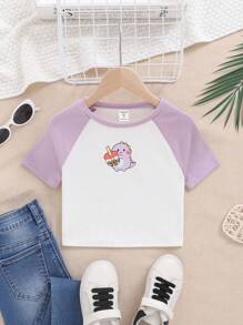 SHEIN Tween Girl Dinosaur Printed Color Block Raglan Sleeve Vacation & Casual T-Shirt - Mauve Purple - View 1