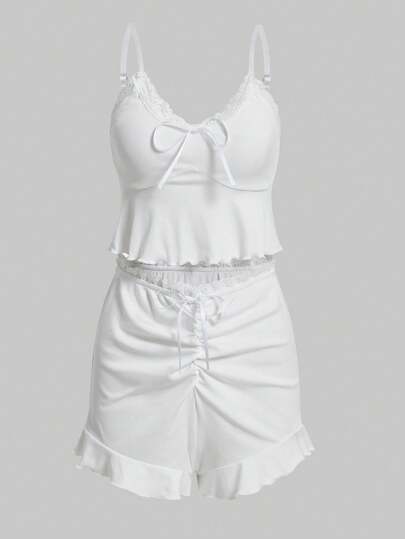 Kawaii Ensemble De Pyjama À Ourlet À Volants Froncé Et Lacet Contrastant