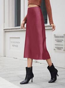 EURMUSE Solid High Waist Bias Cut Skirt - Merah - View 3