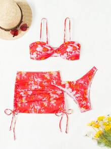 SHEIN Swim Twist Detail Random Printed Bikini Set With Swim Cover Up Skirt Valentine, For Summer Beach Vacation - Red - View 3