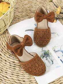 防滑防水柔軟大底柔軟鞋面舒適時尚的公主風格打孔花朵兒童平底鞋 - 棕色 - 查看 3