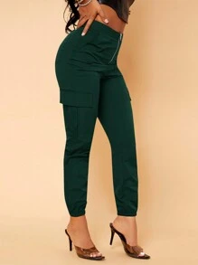 SHEIN SXY 實用直筒褲不帶彈性 - 墨綠色 - 查看 1