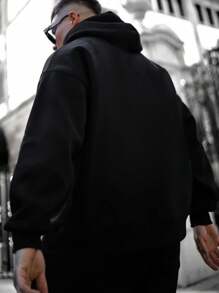 Men Letter Graphic Drop Shoulder Hoodie, Fall, Long Sleeve Top - Black - View 2