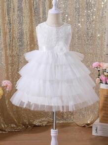 SHEIN Glamorique Kids Young Girl Princess Style Casual, Fashionable, Sweet, Elegant, Lace & Mesh Dress,Holiday,Summer,Travel - White - View 1