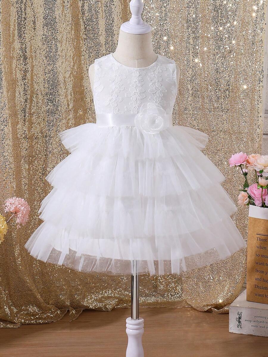 SHEIN Glamorique Kids Young Girl Princess Style Casual, Fashionable, Sweet, Elegant, Lace & Mesh Dress,Holiday,Summer,Travel - White - View 1