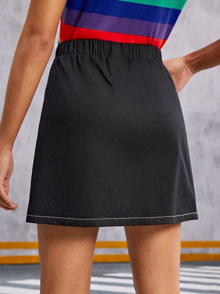 Teen Girls' Woven Solid Color Block Line Casual Skirt With Utility Pockets