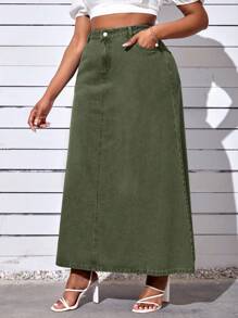 SHEIN CURVE+ Plus Size Women Military Green Fashion Denim Skirt, Non-Stretch