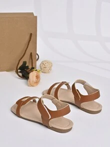 Girls' Fashionable And Simple Square Toe Geometric Style Summer Sandals, For Kids - Brown - View 2