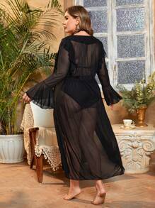 Swim Lushoire Plus Size Women's Ruffle Sleeve Double Split Cover Up Dress Summer - Black - View 2