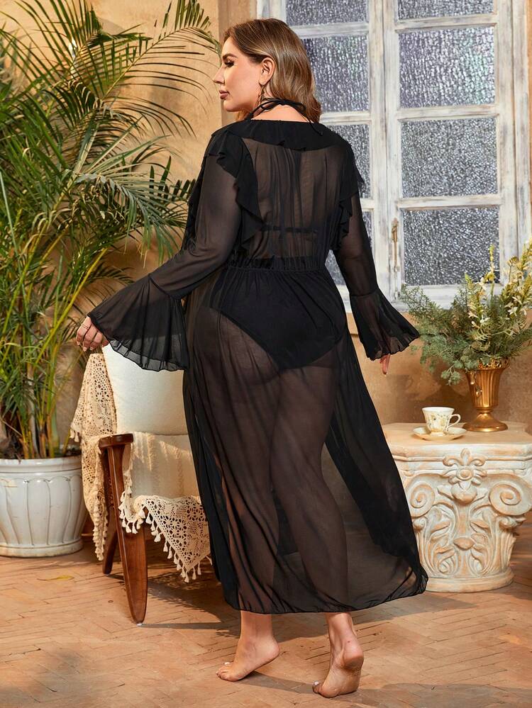 Plus Size Women's Ruffle Sleeve Double Split Cover Up Dress Summer