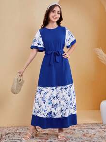 SHEIN Teen Girls' Floral Pattern Spliced Casual Dress - Blue and White - View 5