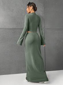 SHEIN EZwear 女士純色針織休閒套裝 - 墨綠色 - 查看 2