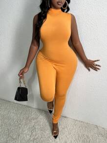 Slaydiva Plus Solid Mock Neck Unitard Jumpsuit - Orange - View 5