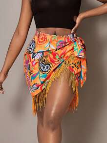 Slaydiva Floral Print Fringe Trim Tie Side Wrap Skirt - Orange - View 4