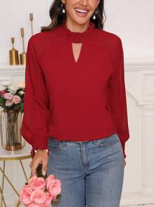 SHEIN Clasi 女性鑽石領長袖上衣 - 酒紅色 - 查看 4