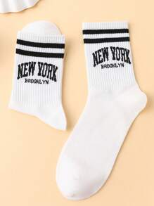 時尚運動風條紋提花中筒袜,帶有字母圖案