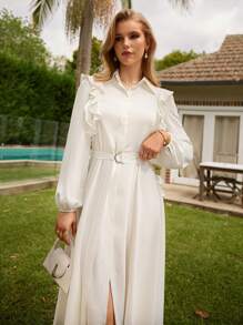 Anewsta Women's Spliced Ruffle Hem Long Shirt Dress Fall Cloth For Women - Beige - View 3