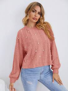 SHEIN LUNE Bead & Round Neckline Distressed Ribbed T-Shirt - Coral Pink - View 4