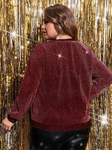 SHEIN Privé Plus Size Women's Round Neck Sequin Pullover Sweatshirt - Burgundy - View 2