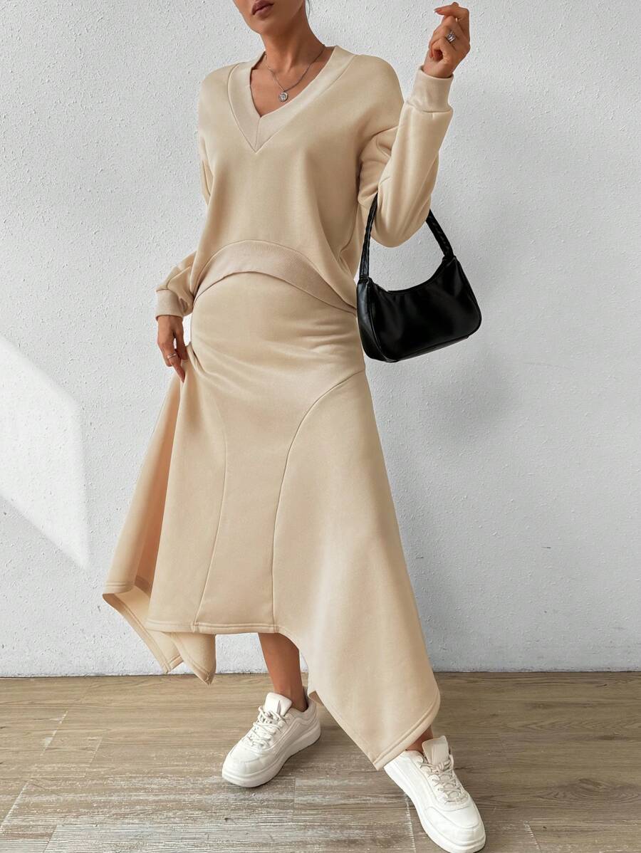 Chiquease 女士鬆身v領長袖2入組 - 卡其色 - 查看 1