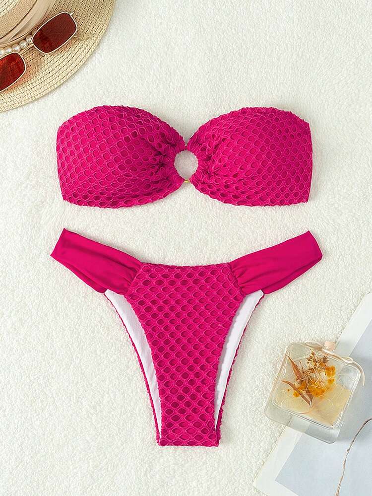Solid Color Textured Two Pieces Bikini Set Valentine Summer Beach