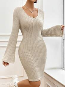 SHEIN Unity Deep V-Neck Bell Sleeve Dress - Apricot - View 1