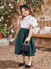 SHEIN Young Girl's Satin Collar Button-Front Puff Sleeve Shirt With Frill Trim Skirt Set, Mommy And Me Matching Outfits (3 Pieces Sold Separately)