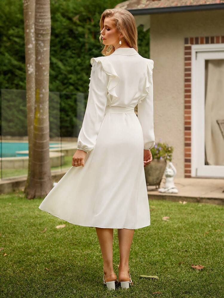 Women's Spliced Ruffle Hem Long Shirt Dress Fall Cloth For Women