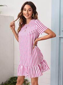 SHEIN VCAY 女士條紋短袖夏季連衣裙 - 玫紅色 - 查看 3