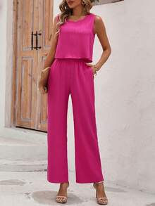 SHEIN VCAY Solid Color Casual 2pcs/Set - Hot Pink - View 6