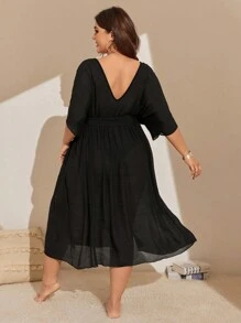 SHEIN Swim Curve 大尺碼交叉v領分割式腰帶外套連衣裙音樂節 - 黑色 - 查看 2