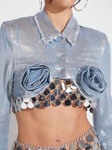 Women's Shortened Denim Jacket With 3d Flower Decorations - Light Wash - View 3