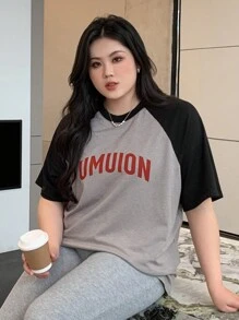 Dazy Petite Plus Plus Size Round Neck Letter Print T-Shirt,Graphic Tees Preppy Tops - Black and White - View 5