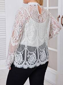 SHEIN Clasi Valentine's Day Plus Size Women's Lace Stand Collar White Top - White - View 2
