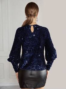 SHEIN Privé 女士閃亮燈籠袖襯衫 - 藏蓝色 - 查看 2