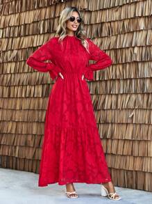 SHEIN LUNE Đứng cổ áo Tay áo chuông Cắt dán Váy hoa - Đỏ - Xem 4