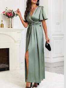 SHEIN Clasi Women's High Slit Pleated Waist Asymmetrical Hem Dress