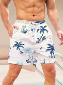 ZELFYO Men's Palm Tree Graphic Printed Beach Shorts Pool Shorts, For Beach, Vacation,Hawaiian - Apricot - View 5