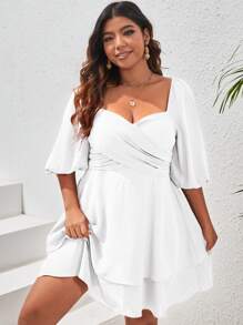 SHEIN VCAY 大尺碼甜心領泡泡袖連身裙 - 白色 - 查看 5